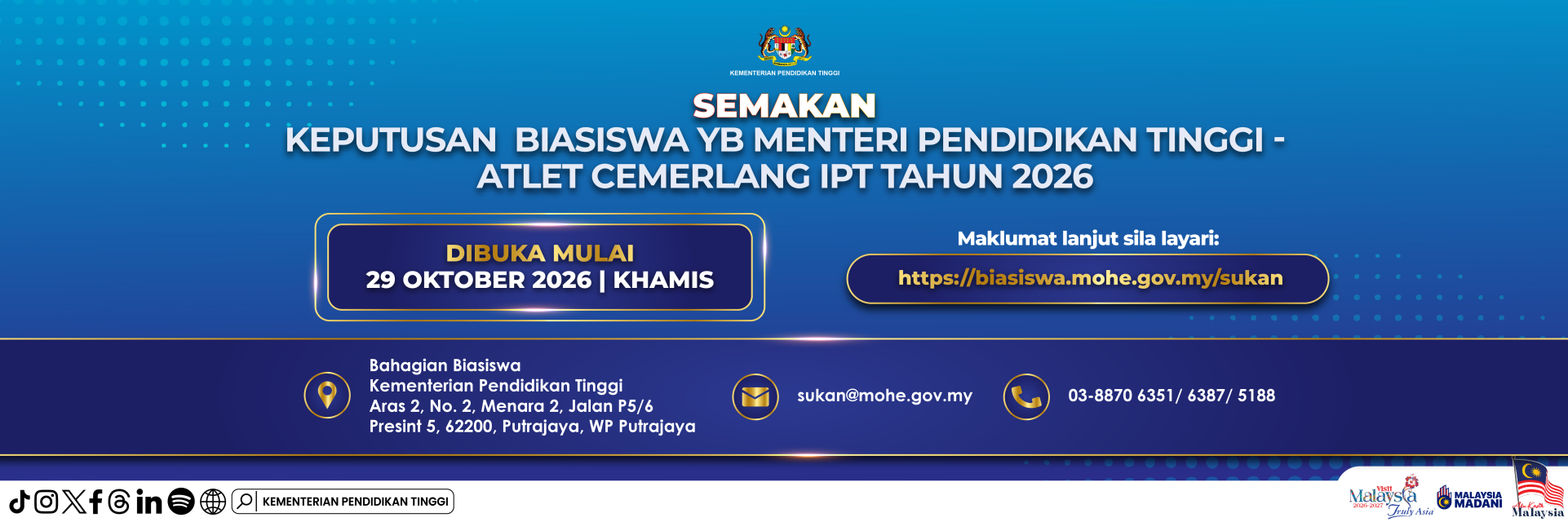 Hebahan Semakan Keputusan Penajaan Biasiswa YB Menteri Pendidikan Tinggi – Atlet Cemerlang IPT Tahun 2026