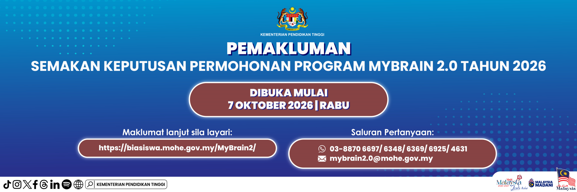 Hebahan Semakan Keputusan Permohonan Program MyBrain 2.0 Tahun 2026